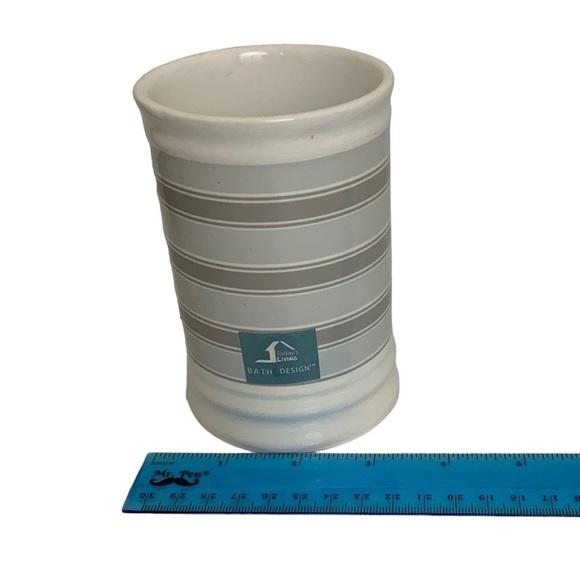 Striped Fabric Shower Curtain Ceramic Accessories 3 Pieces White Grey Tan Khaki - Picture 10 of 15